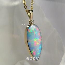 12ct 14k Gold Natural Australian Opal & Diamond Pendant Jewelry Necklace #515