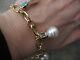 14 Kt Yellow Gold Gemstones & Paspaley South Sea Pearl Charm Bracelet Dangle New