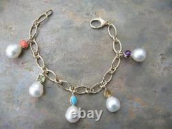 14 KT Yellow Gold Gemstones & Paspaley South Sea Pearl Charm Bracelet Dangle NEW