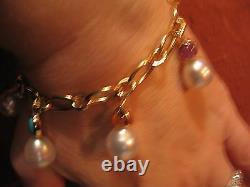 14 KT Yellow Gold Gemstones & Paspaley South Sea Pearl Charm Bracelet Dangle NEW