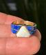 14k Yellow Gold Natural Australian Rainbow Opal & Lapis Lazuli Inlay Men's Ring