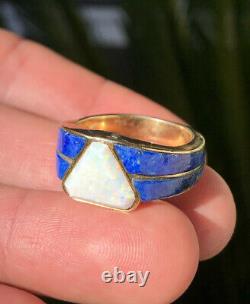 14k Yellow Gold Natural Australian Rainbow Opal & Lapis lazuli Inlay Men's Ring