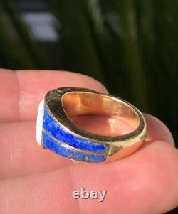 14k Yellow Gold Natural Australian Rainbow Opal & Lapis lazuli Inlay Men's Ring