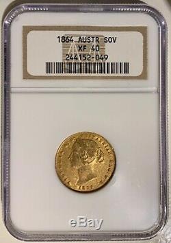 1864 Australia GOLD Coin Queen Victoria 1 Sovereign Wreath Crown NGC Antique