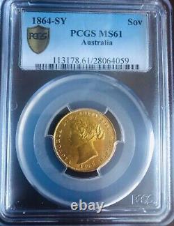 1864 S GOLD SOVEREIGN VICTORIA TYPE 2 PCGS MS 61 Very Scarce Renniks CV=$7330