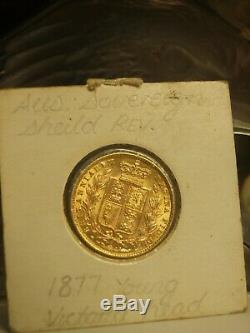 1877s Australian Full Sovereign 22ct Gold Sheild Reverse / Young Victoria Head