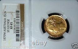 1879 M Melbourne Sovereign Gold coin Australia, Queen victoria NGC certified