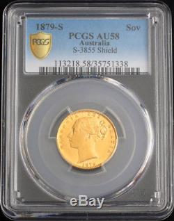 1879-S, Australia, Queen Victoria. Certified Gold Sovereign Coin. PCGS AU-58