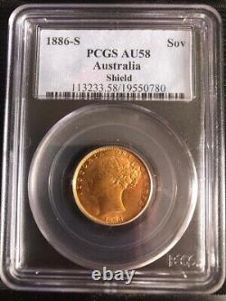 1886 S Shield Gold Sovereign PCGS AU 58 Renniks CV=$1440