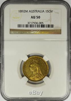 1892 M Australia Gold Sovereign, Victoria Jubilee, Melbourne, NGC AU 50