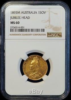 1893 M Australia 1 Sovereign Gold Coin Jubilee Head NGC MS 60 MS60 UNCIRCULATED