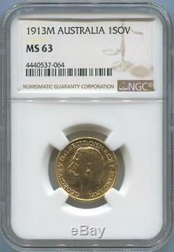 1913 M Australia Gold Sovereign, NGC MS63