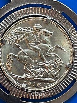 1916-M Melbourne Australia Full Gold Sovereign Coin in 14K Gold Bezel 10.7g