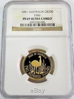 1991 Gold $200 Dollar Pride Of Australia Emu Coin Ngc Proof 69 Ultra Cameo