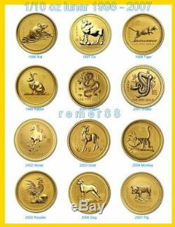 1996 2007 Australian Lunar Series 1/10 oz 9999 Fine Gold 12 Coins Set