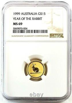 1999 Australia Year of the Rabbit 1/10oz. 999 Gold $15 Gem UNC NGC MS69