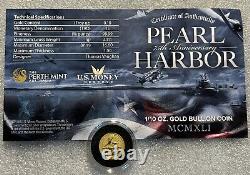 1/10 oz Gold Tuvalu Perth Mint WW2 Pearl Harbor 99.9% Gold Coin With COA Beautiful