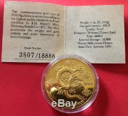 1 oz Bhutan Year Of Dragon 2000 Lunar Gold Coin