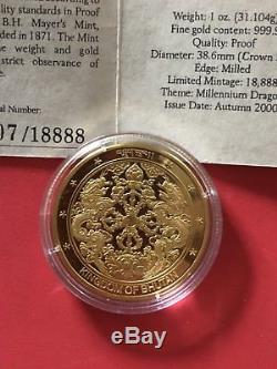 1 oz Bhutan Year Of Dragon 2000 Lunar Gold Coin