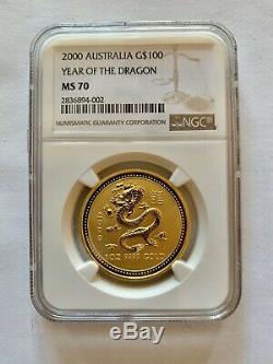 2000 1 oz Australian Gold Lunar Year of The Dragon NGC MS70 Perth Mint