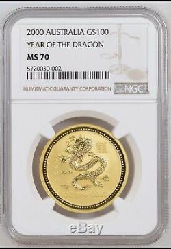 2000 1 oz Australian Gold Lunar Year of The Dragon NGC MS70 Perth Mint Top Pop