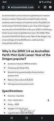 2000 $25 Australian Lunar Year of the Dragon 1/4 Ounce. 9999 Fine Gold Coin