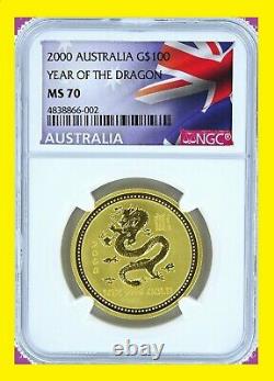 2000 Australia 1 oz Gold Chines Lunar DRAGON rare ms 70 NGC FLAG LABEL SERIES I