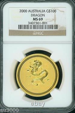 2000 G$100 AUSTRALIA 1 Oz. GOLD COIN Year of the DRAGON Lunar Zodiac NGC MS69