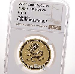 2000 G$100 Australia 1 Oz Gold Coin Year of the Dragon Lunar Zodiac NGC MS69 Y2K