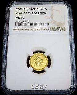 2000 Gold Australia $15 Lunar Year Of The Dragon 1/10 Oz Coin Ngc Mint State 69