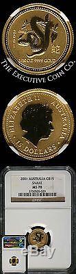 2001 1/10 Ounce $15 Year of the Snake Australia Lunar Gold Series 1 NGC MS70