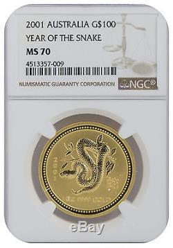 2001 1oz Gold Australian Lunar Snake Series 1 MS70 NGC (#009)
