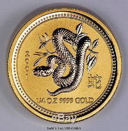 2001 Australia 25 Dollars Lunar Year of the Snake Gold Coin 1/4 OZ. 9999 Gold