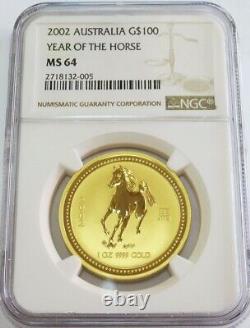 2002 P Gold Australia $100 Dollar Year Of The Horse Coin Ngc Mint State 64