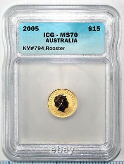 2005 $15 Australia Lunar Series 1 Rooster 1/10 Oz Pure Gold ICG MS70
