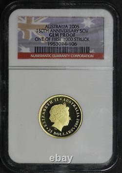2005 Australia $25 Gold 150th Anniv. Sovereign NGC Gem PR One Of 1st 1000 Struck