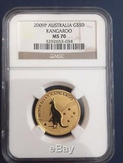 2009 AUSTRALIA 1.9 OZ GOLD KANGAROO 5 COINS PRESTIGE SET NGC MS70. Box+COA+Medal