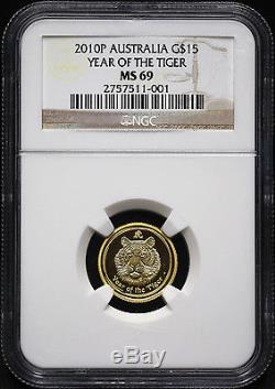 2010P NGC MS-69 GOLD 1/10th OZ $15 DOLLAR YEAR OF THE TIGER. 9999 AUSTRALIA