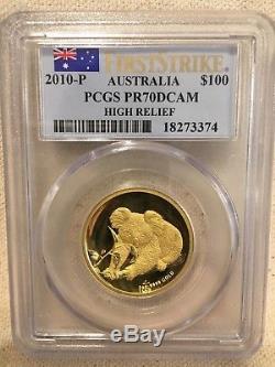 2010 AUSTRALIA $100 1 OZ HIGH RELIEF PROOF GOLD KOALA PCGS PR70 (First Strike)