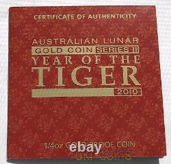 2010 Australia Lunar II Year of the Tiger 1/4 Oz Gold Proof Coin $25 Dollars