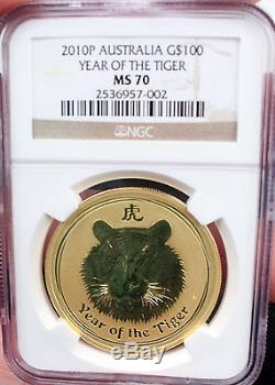 2010 Gold Australia $100 Dollar Lunar Year Of The Tiger 1oz Mint State 70