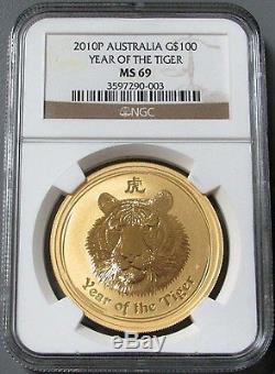 2010 Gold Australia $100 Dollar Lunar Year Of Tiger 1 Oz Coin Ngc Mint State 69