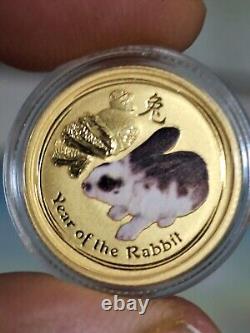 2011 $15 Australia Year Of Rabbit Colored Proof 1/10 Ounce Gold By Perth Mint