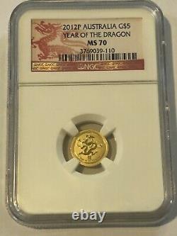 2012P Australia G $ 5 Year of The Dragon MS 70 1/20th Ounce. 9999 Fine GOLD NGC