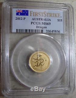 2012 1/10oz $15.9999 Fine Gold Australian Lunar Series Dragon PCGS MS-69