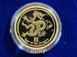 2012 Australia Lunar Year of the DRAGON 1/10 oz PROOF. 9999 GOLD $15 Coin RARE