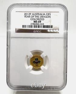 2012-P Australia 1/20 Oz Gold Lunar Year of the Dragon Colorized $5 MS69 #C782