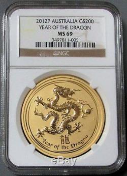 2012 P Gold Australia 2 Oz $200 Lunar Year Of The Dragon Ngc Mint State 69