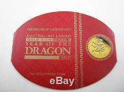 2012 Year of the Dragon Gold Proof Coin Issue. Australian Lunar Series II SUPERB