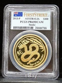 2013 P 1oz Gold Proof Lunar Snake Pf 69 Pcgs Australia $100 First Strike